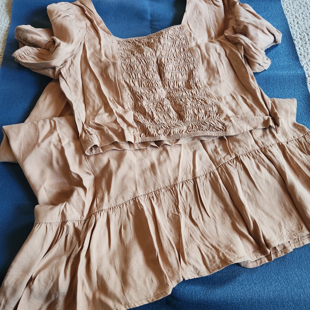Women's Tan Smocked Top And Skirt